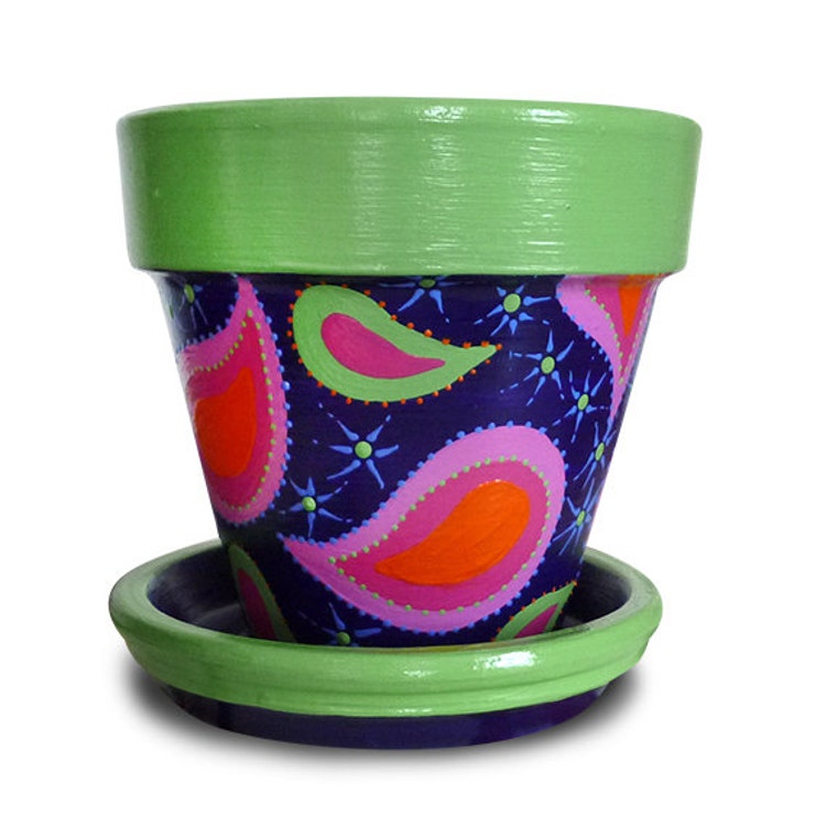 Purple and Lime Green Paisley Flower Pot by MicheleCordaroDesign