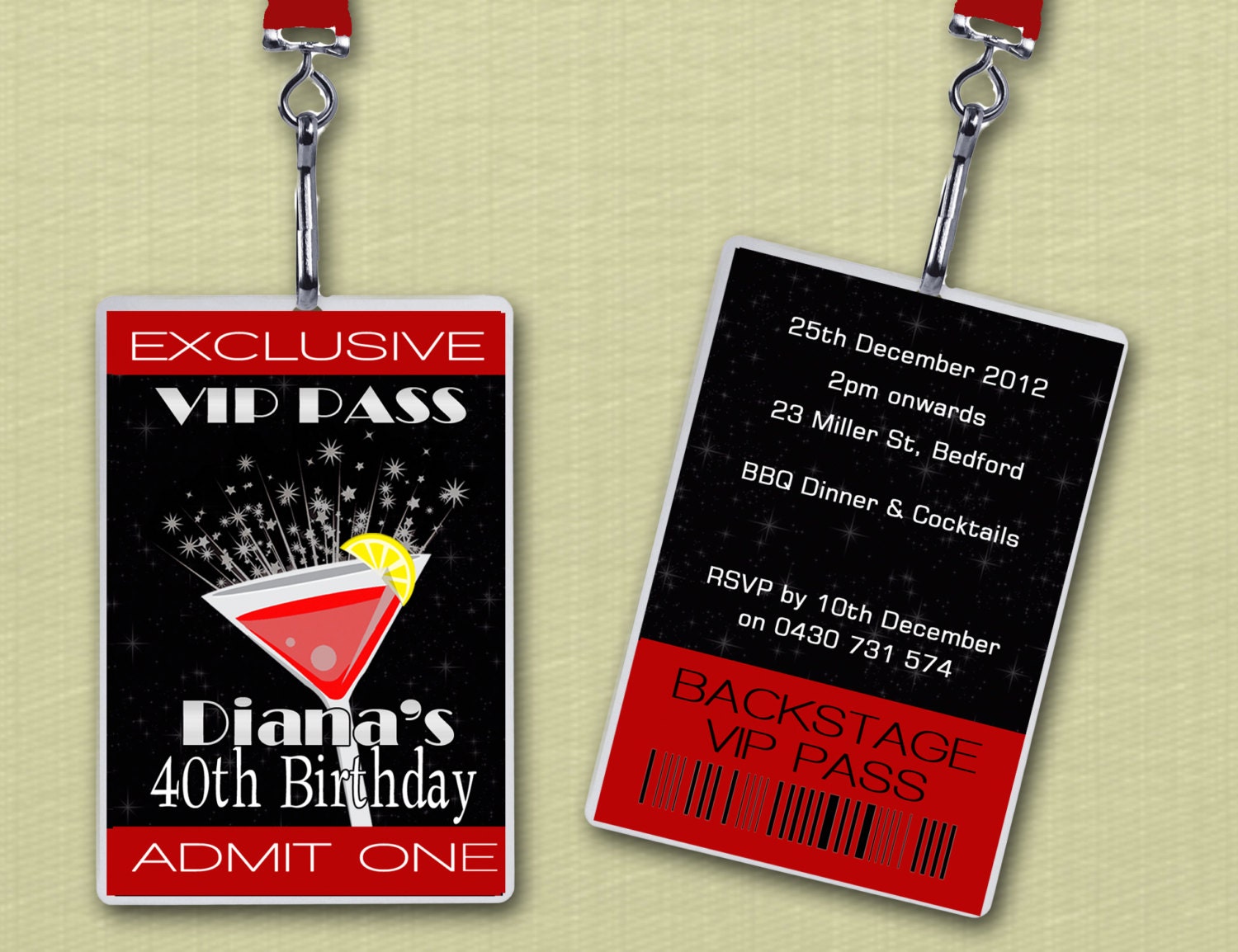 Personalised Cocktail Party VIP Lanyard Invitations x 10