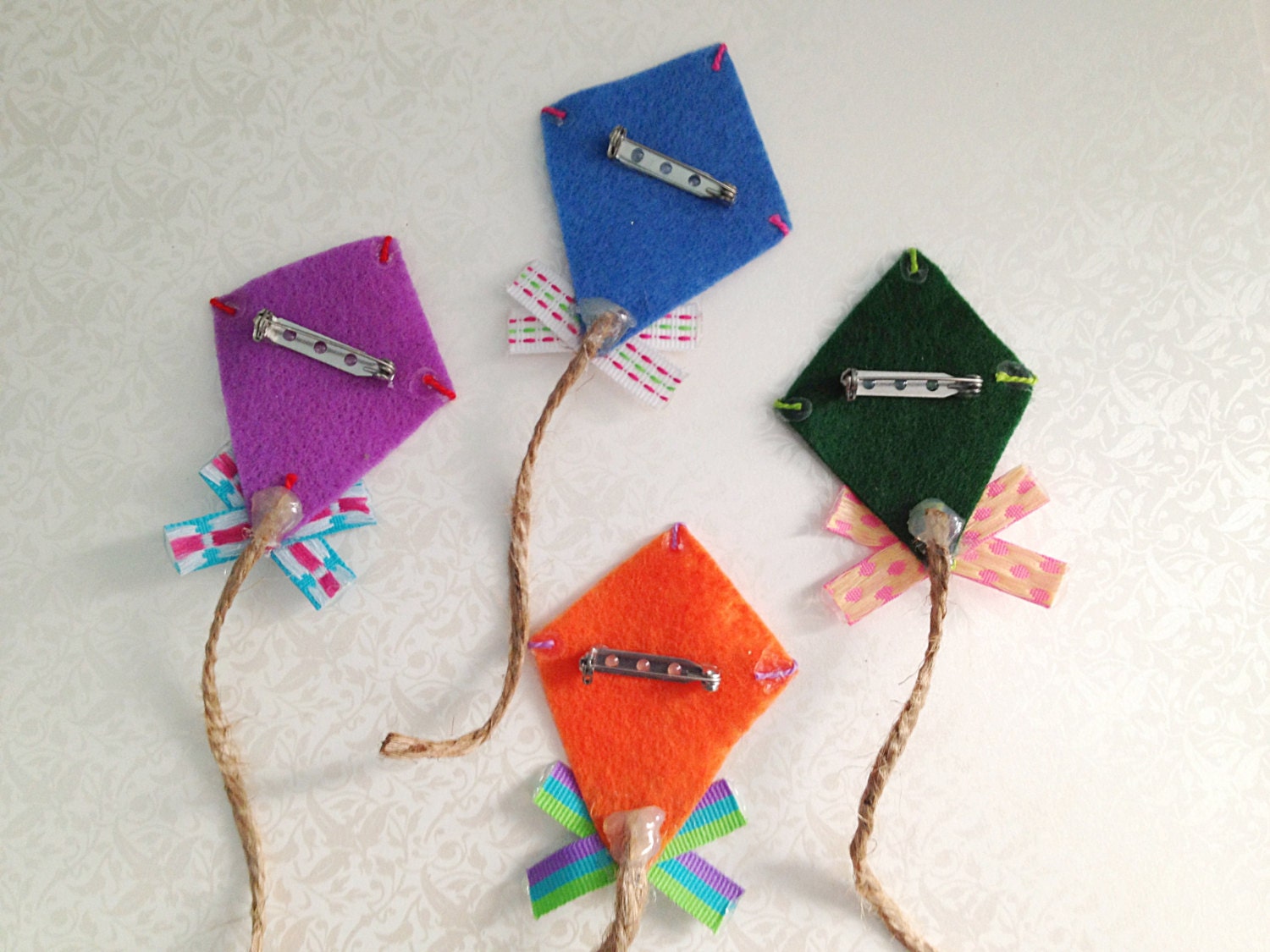 Felt Kite Brooches. Pins. Set of 4. Colorful. Rainbow. Fun.