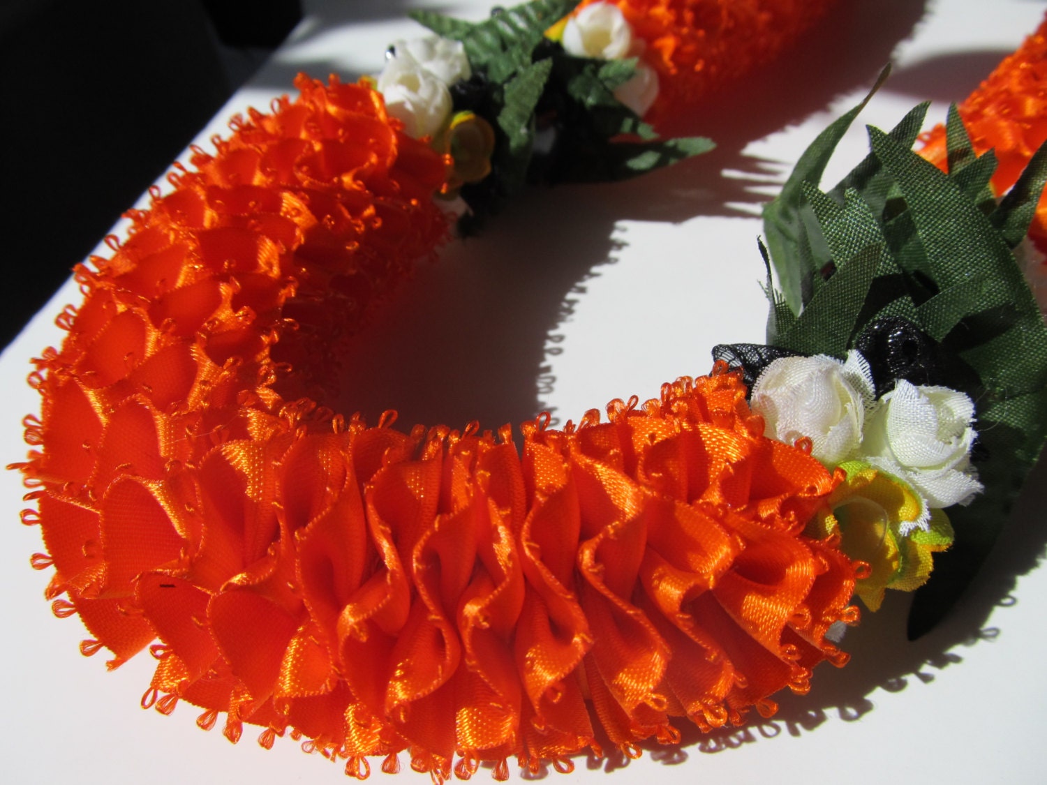 Hawaiian Ribbon Lei Orange Carnation with Kikui Nut & Flowers