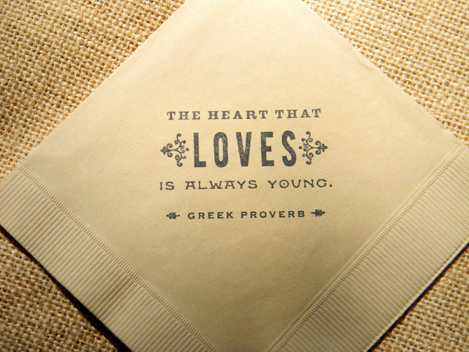 Wedding Wedding Cocktail Napkins rustic light burlap the heart that loves is always young greek wedding cocktail napkins