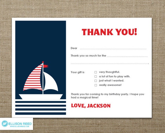 Nautical Thank You Note - Nautical Printable - Fill In The Blank - sail boat - red - navy - Birthday - Kids Il_570xn