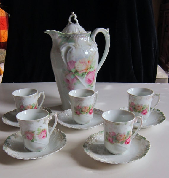 Antique Porcelain Bavaria 7 Chocolate Pot 5 Cups By VistaChick