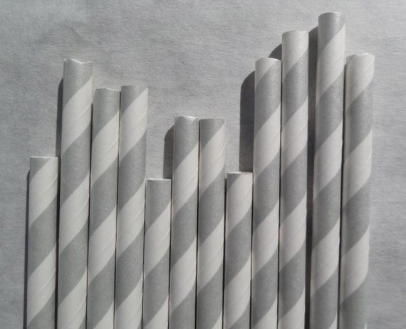 Metallic Silver Striped Paper Straws, 50 Pack, Wedding Straws, Pewter Il_570xn