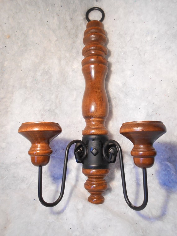 Vintage Wood and Wrought Iron Wall Candle Sconce Wall Plaque