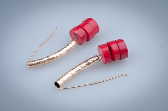 Valentines Day Sale: Earrings with GF Pipe and 3 swinging Coral Beads