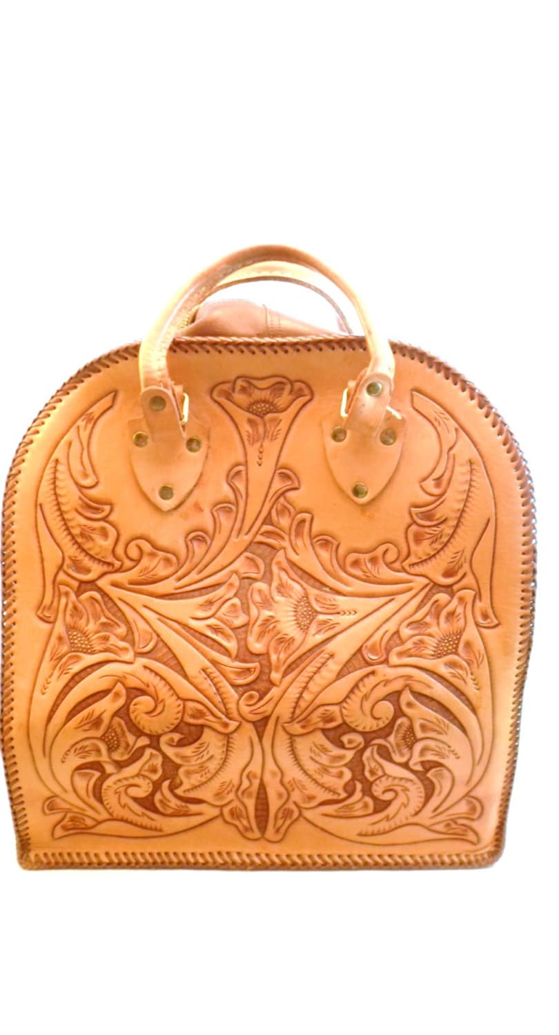 Vintage Tooled Leather Bowling Bag Floral Design Purse