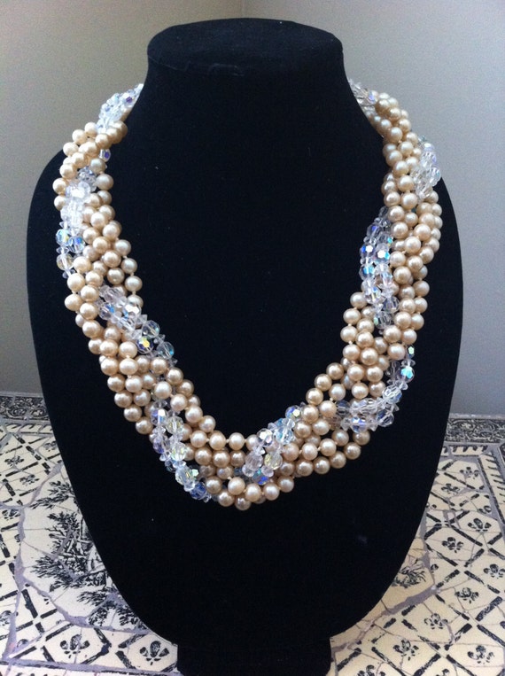 Items similar to Braided Vintage Costume Pearl Necklace with Aura ...