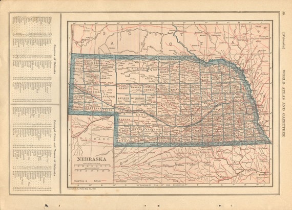 Items similar to Vintage 1920s Map, Nebraska and Montana, Pink and Blue ...