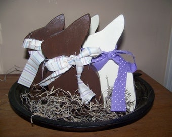 Set of 4 Wooden White and Milk Chocolate Easter Bunnies
