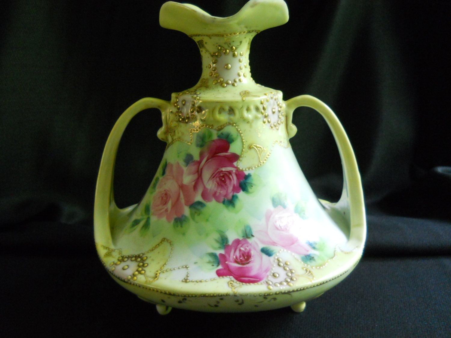 Nippon Hand Painted Vase 1890s Roses Yellow Footed
