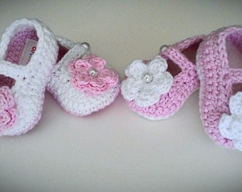 Crochet Baby Girl Booties Twin Set, 2 pairs of Mary Jane Booties, Pink and White