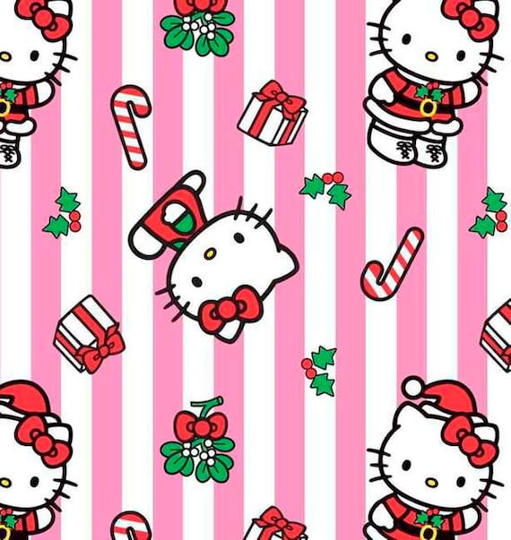 Items similar to Hello Kitty Cotton Fabric Pink Stripe Christmas Candy ...