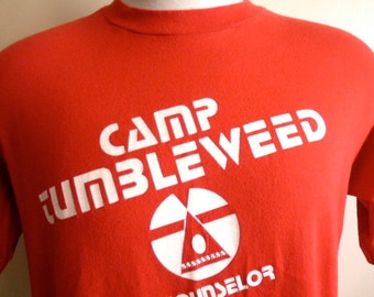 vintage 80's Camp Tumbleweed Counselor novelty graphic t-shirt diagonal print men women unisex red crew neck abstract triangle jerzees