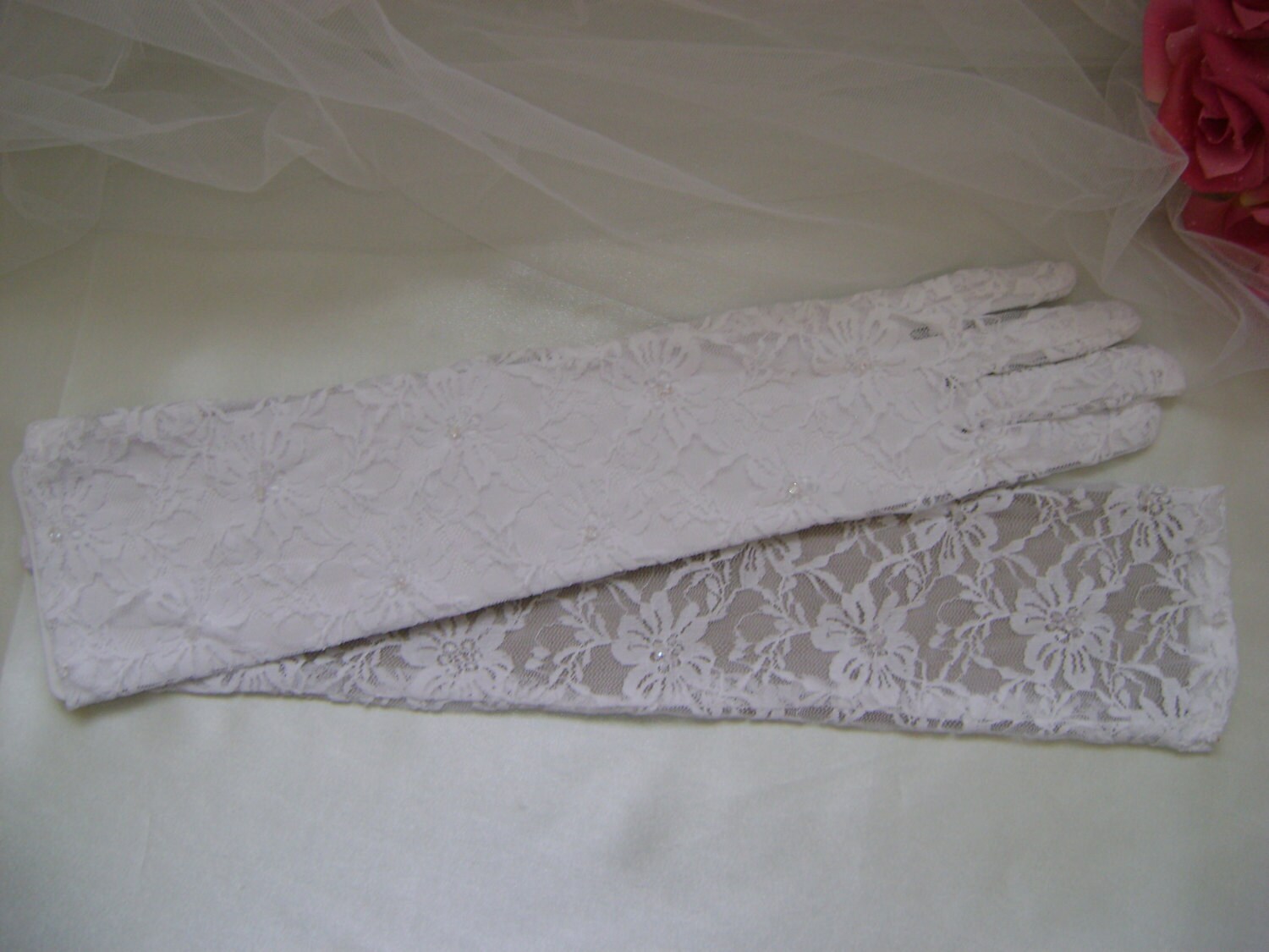 Long Rich Cream & Pearl Lace Gloves Also Available in White