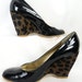 80s vintage leopard heel wedgie pumps / pony skin/ round toed /patent leather 4 inch : size US 10 EUR 41/ US10