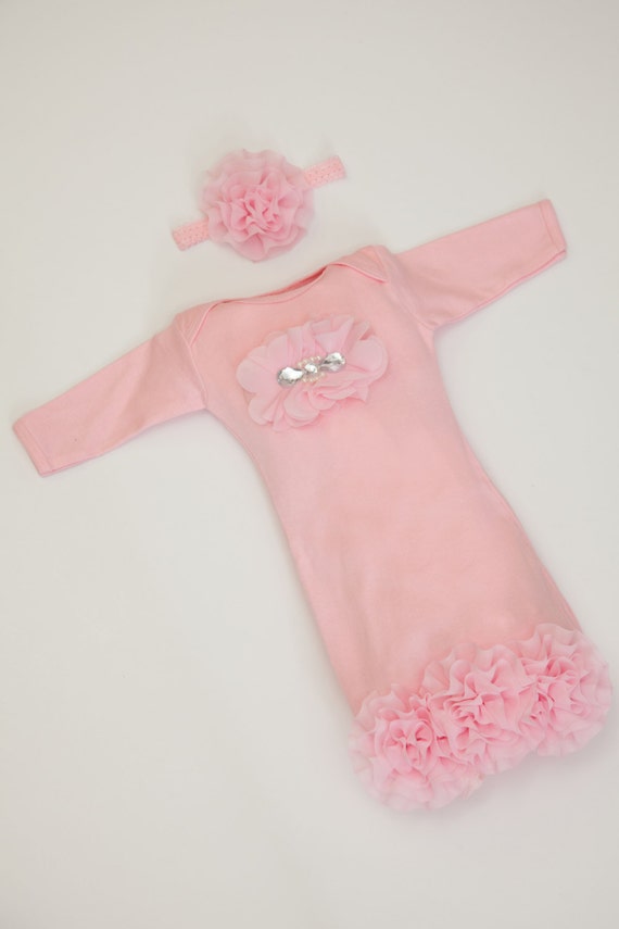 Infant Layette Baby Gown with Pink Chiffon Flowers and