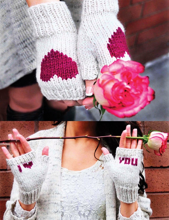Be My Valentine KNITTING PATTERN INSTRUCTIONS Flirty Fingerless Gloves with Hearts, Lips, and Vday Messages