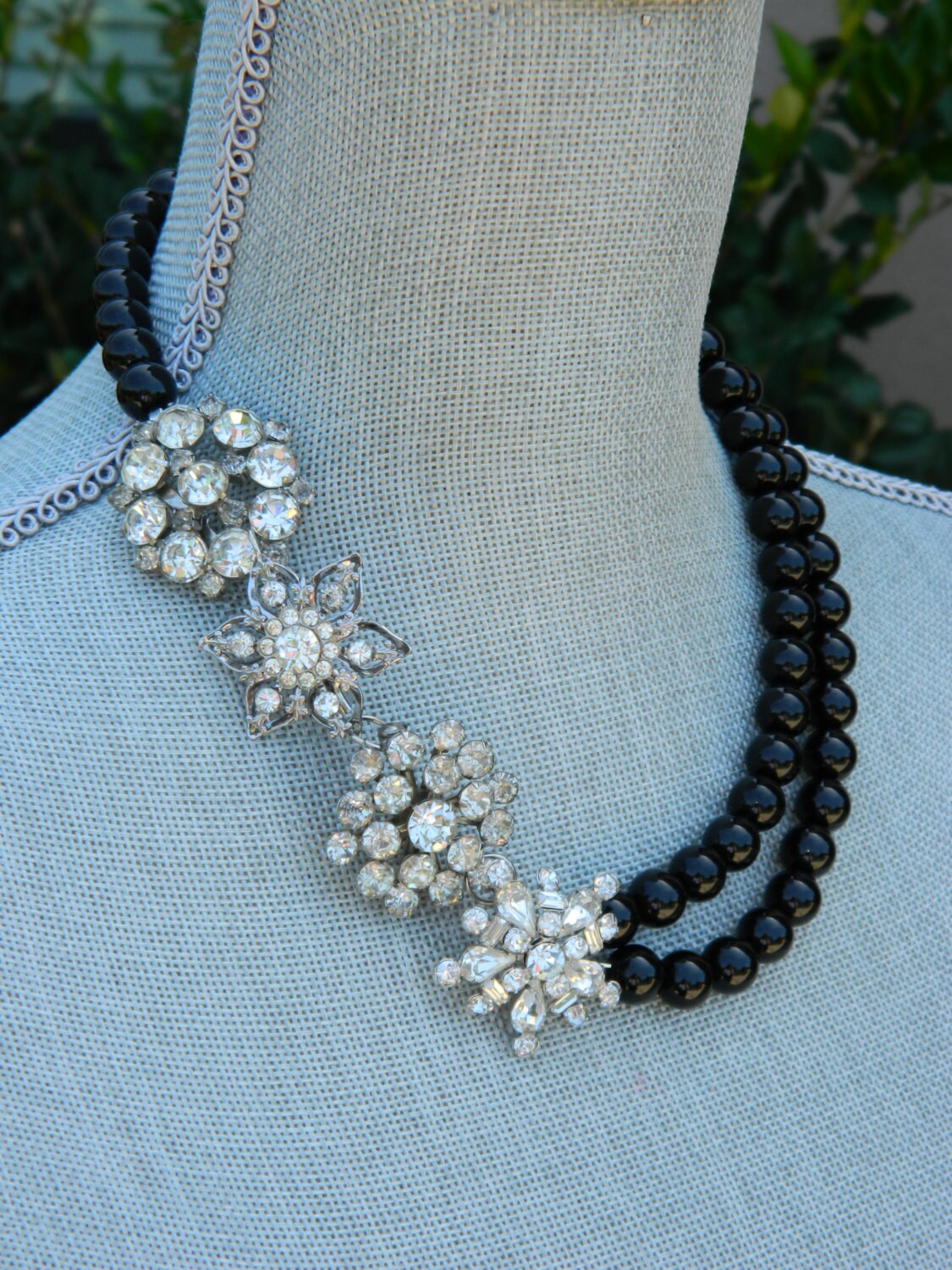 Vintage Rhinestone Brooches and Onyx Statement Necklace and