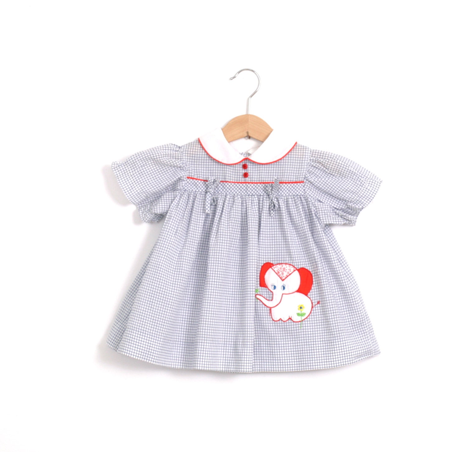 Vintage Baby Dress in Blue and White with Elephant Appliqué 18