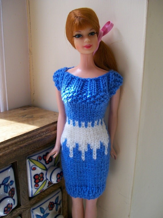 Barbie clothes blue dress with ivory waistband