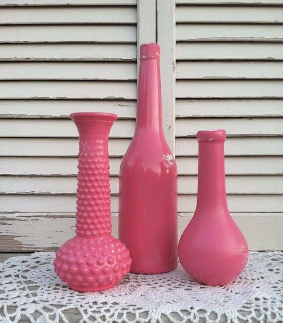 Hot Pink Painted Bottles-Vases / Set of 3 Collection / Hobnail Vase