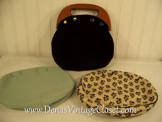 Vintage Bermuda Bag Purse Wooden Handles Three Covers Black