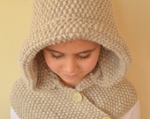 Hand Knit Hooded Cowl - Moss Stitch - Beige - Winter Accessory