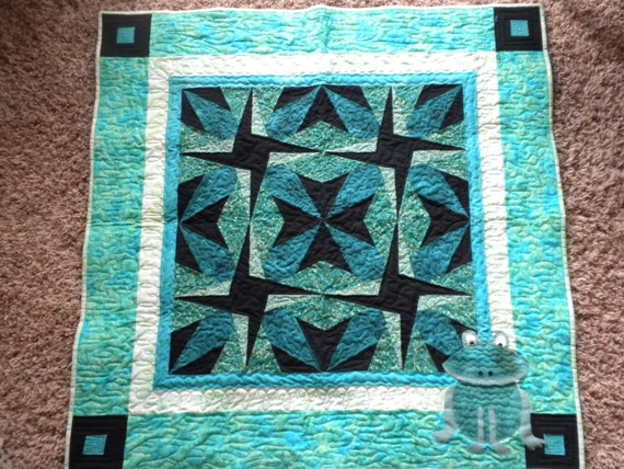 Blue Green and Black Frog or Toad Baby Quilt