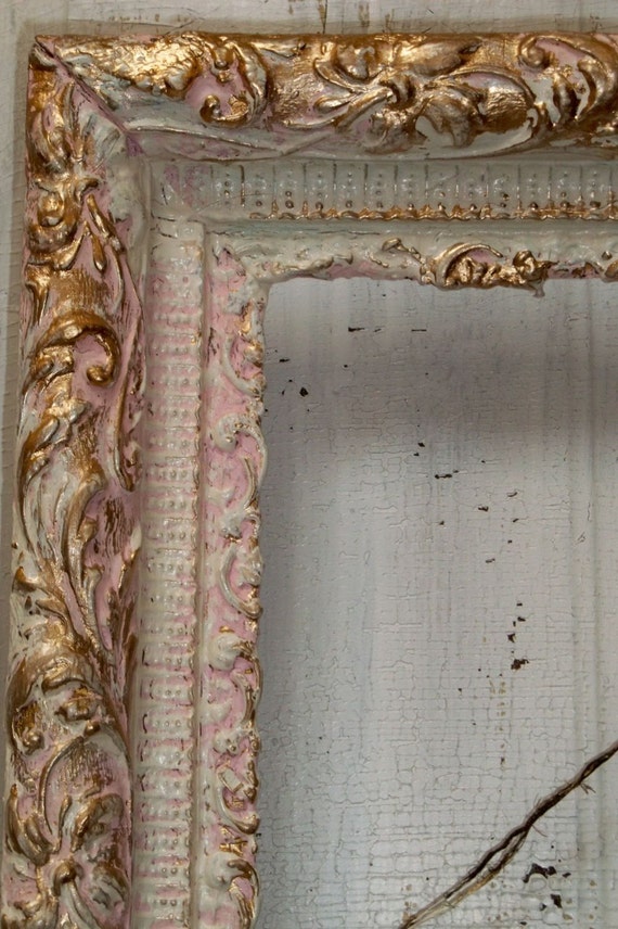 Large Ornate Frame Hand Painted Pink White And Gold Distressed