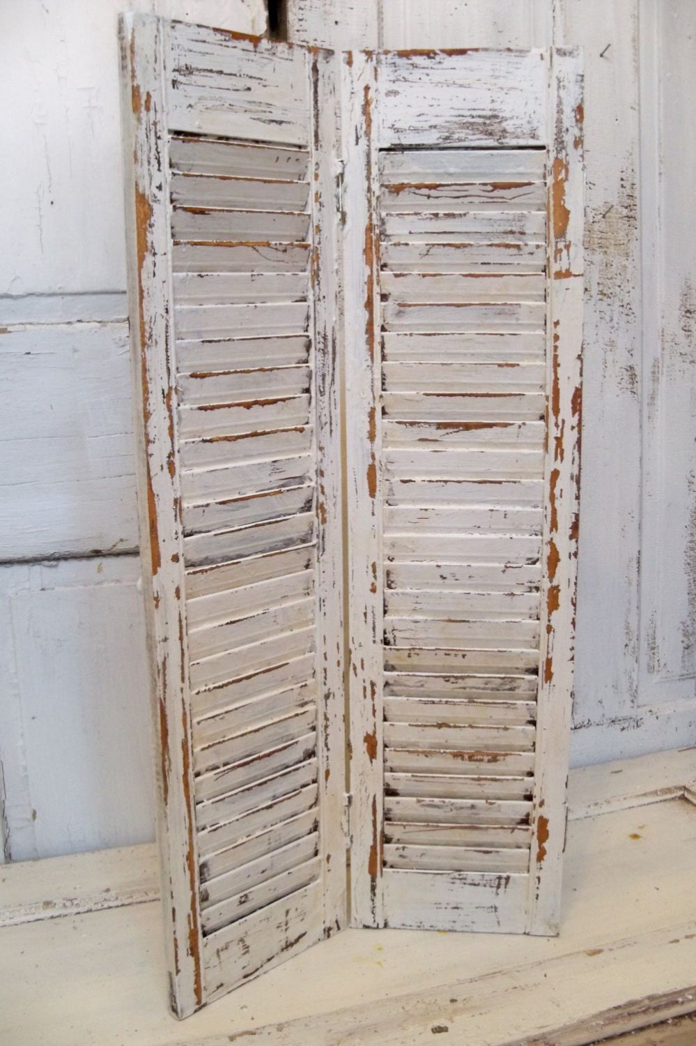 Wooden shutter creamy white distressed tall recycled piece