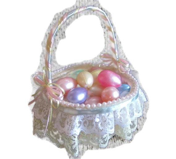 Items similar to Vintage Easter Basket Small With Ribbon, Lace & Pearls