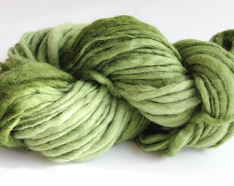 Avocado Green Color Hand Spun Hand Dyed Thick and Thin Bulky Weight Wool Yarn