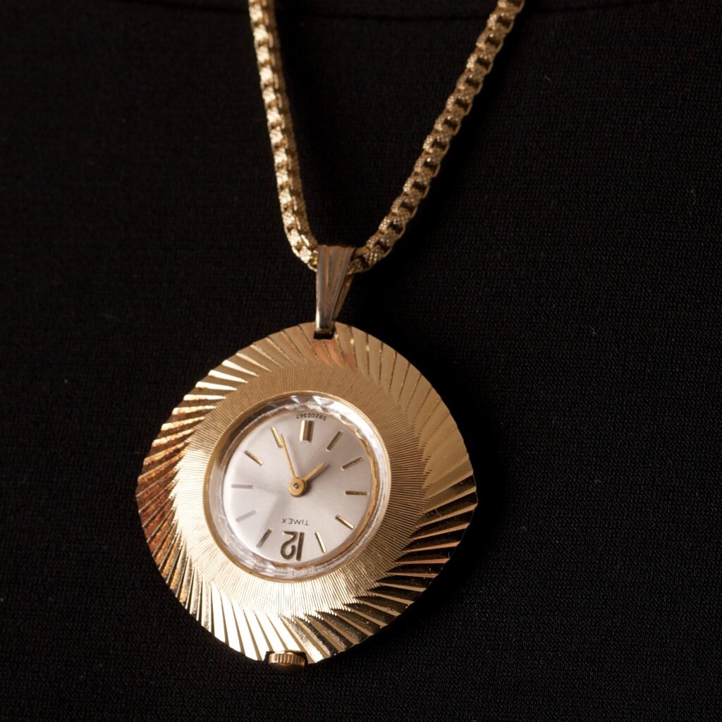 Vintage Timex Watch Pendant On Gold Tone Box Chain