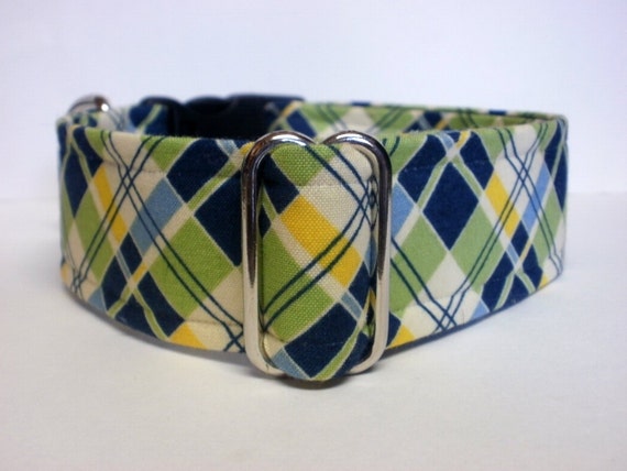 1.5 OR 1 INCH Blue/Green/Yellow Argyle Dog Collar