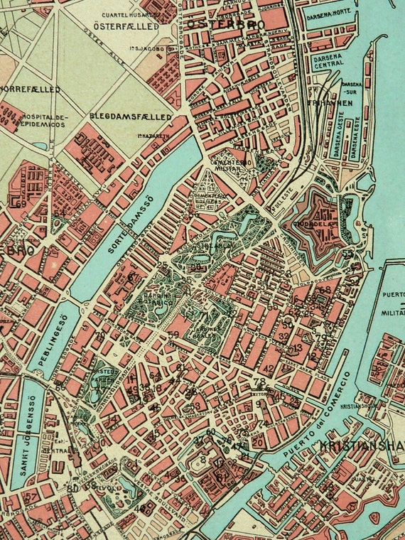 1900 Antique rare city map of COPENHAGEN DENMARK. 113 years