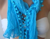 Elegant scarf Cotton scarf blue scarf Batik scarf pompom
