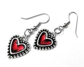 Red Heart Earrings, Red and Black Jewelry, Gift for girlfriend, Rocker Style, Silver Heart Earrings
