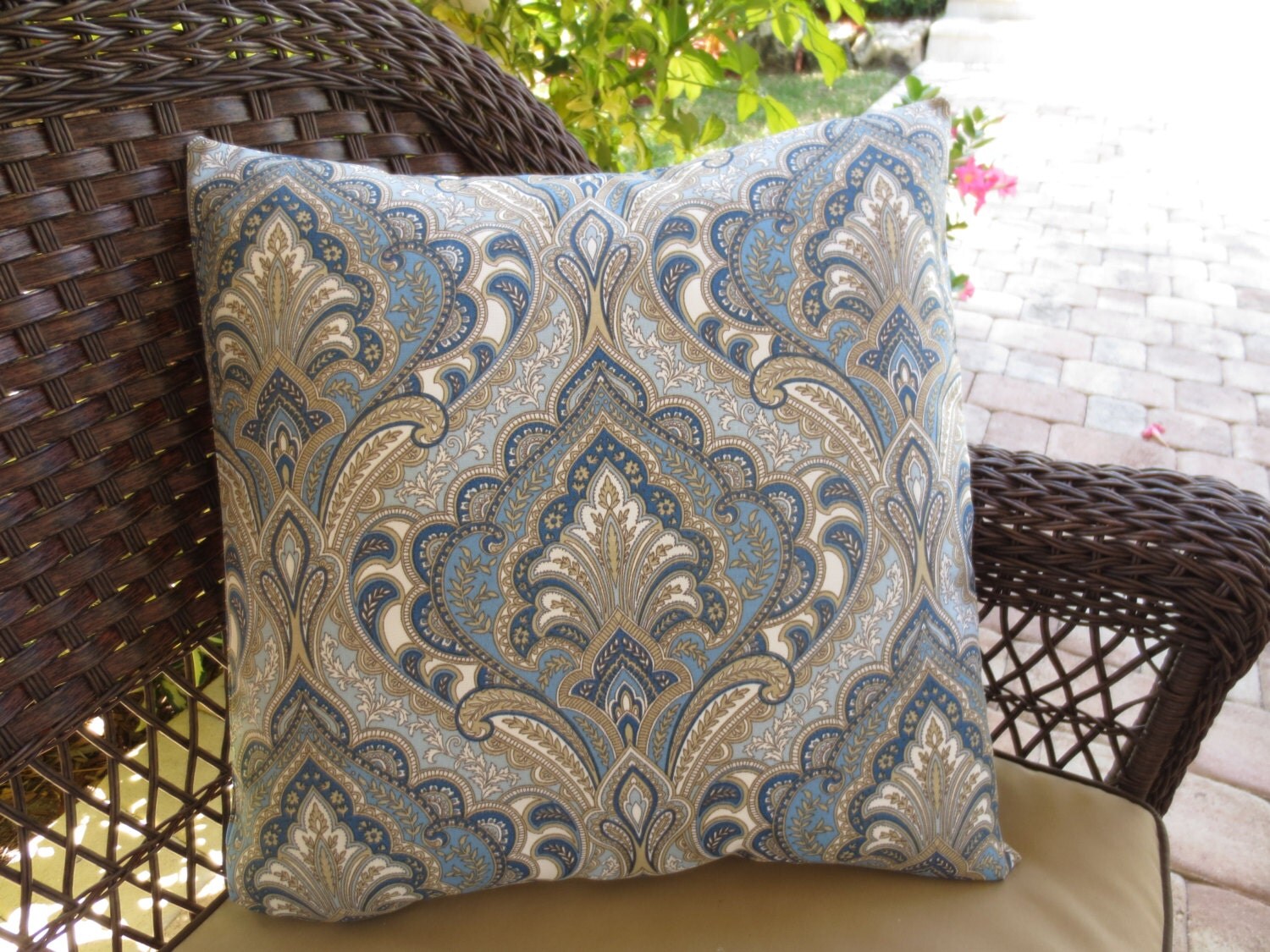 OUTDOOR Pillow Cover in a Blue and Tan Ikat Print