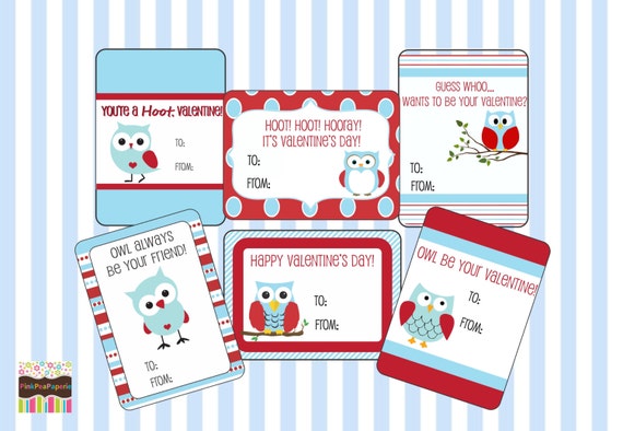 Printable Personalized Kids Valentine's Day Cards with Owls - red and blue - 6 card set Il_570xn