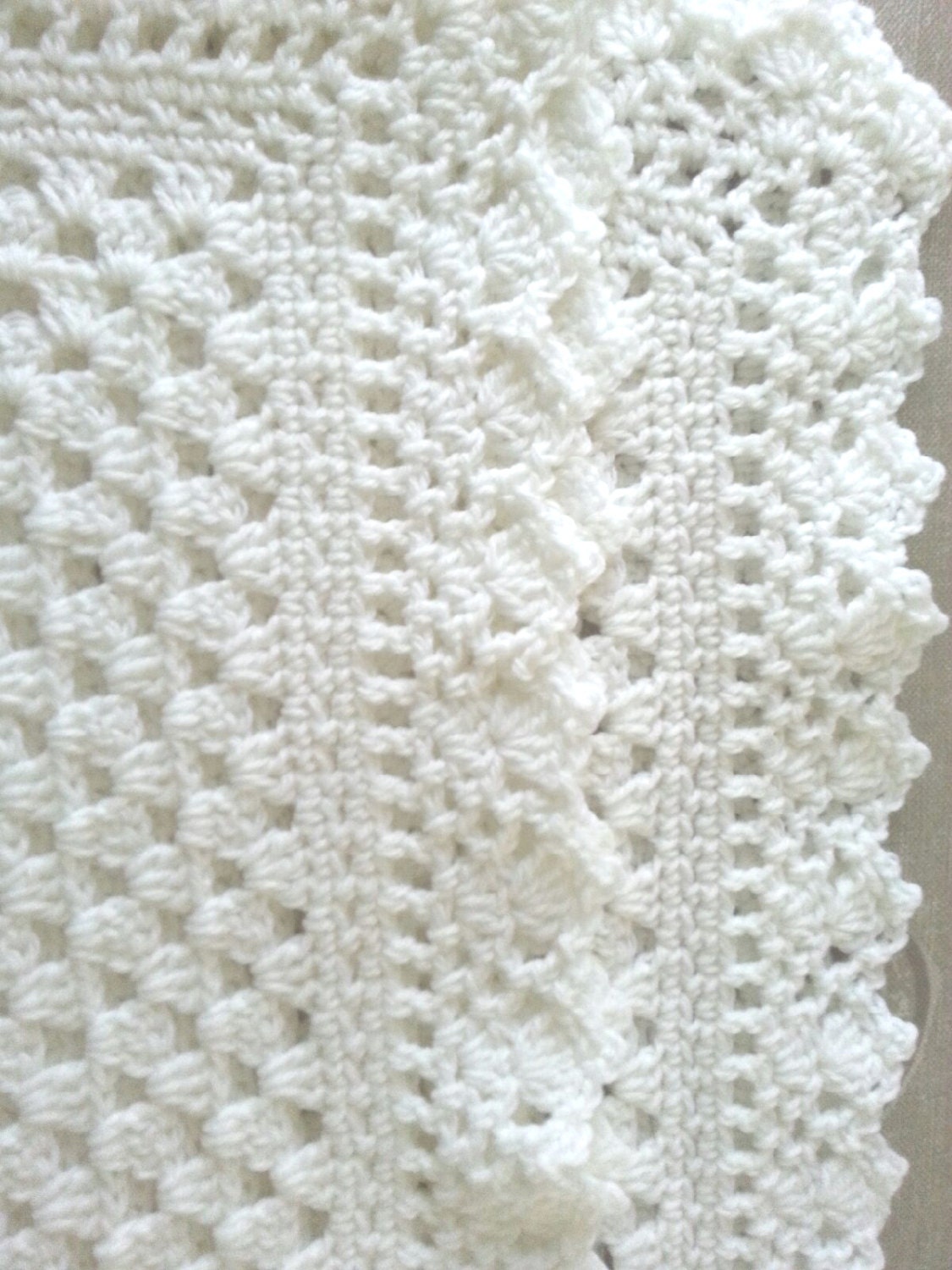 White crochet christening baptism baby blanket with fancy edge