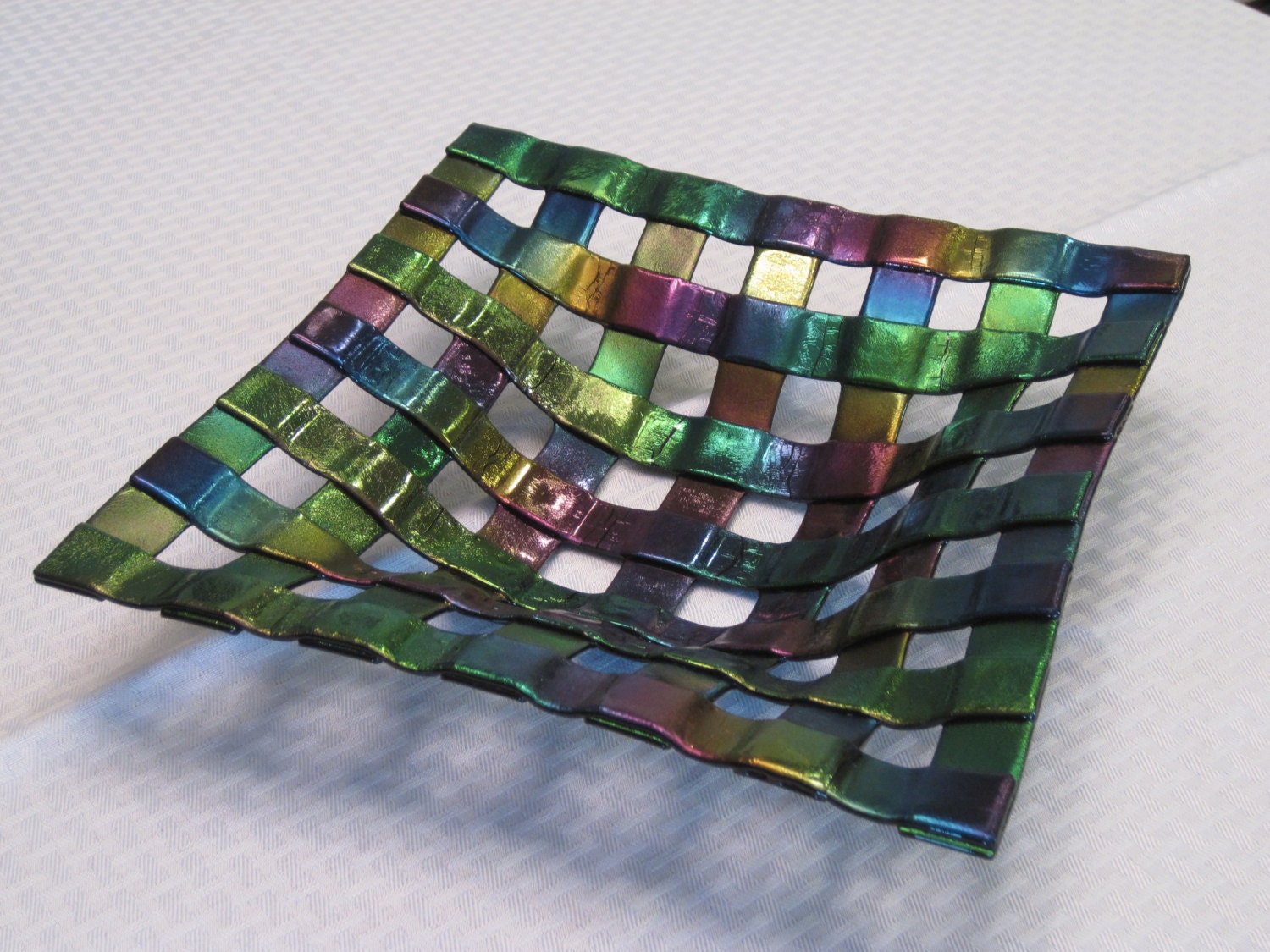 Black Iridized Open Weave Fused GLass Square Bowl