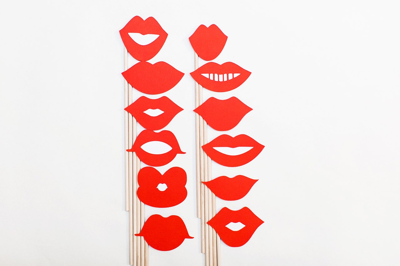 Red Lips on a Stick Set. 12 Red Lips. Photo booth by nemapaperie