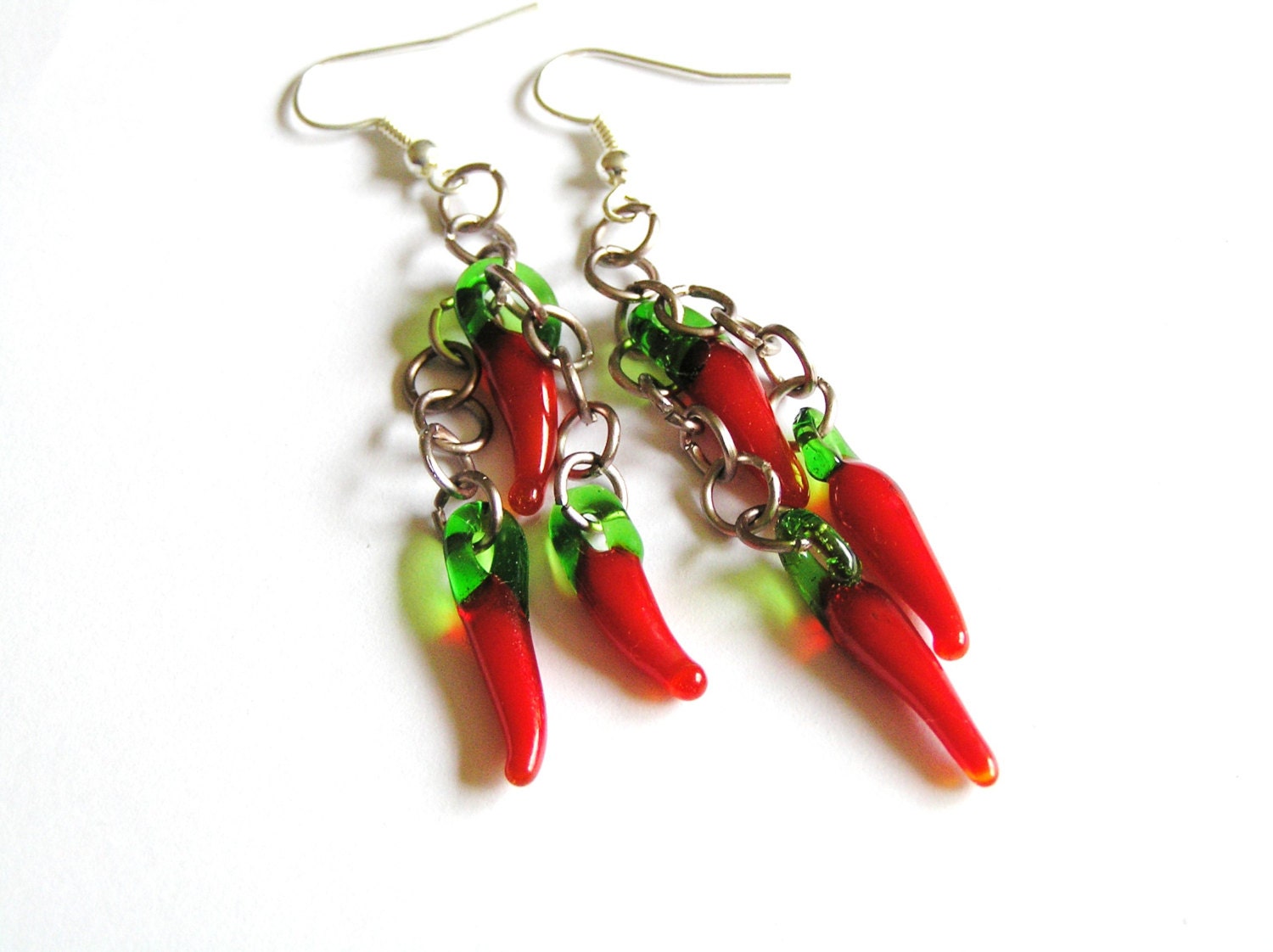 Fun Glass Chili Pepper Beads and Chain Earrings