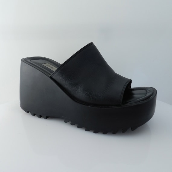 90s black leather platform wedges slip-on sandals size 9