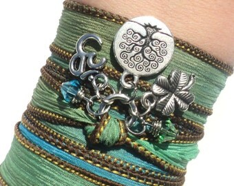 Tree of Life Om Silk Wrap Bracelet Om Jewelry Green Aqua Blue Yoga Namaste Mother Nature Anklet Necklace Unique Gift Under 50 Item S20