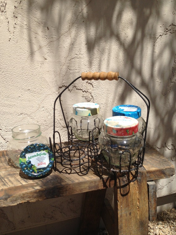 Vintage Wire Basket Jelly Jar Carrier Zentis Glass Fruit Jars