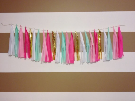 Mint pink white and gold tassel garland