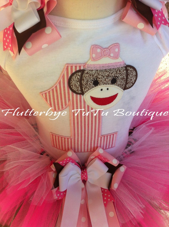 Sock Monkey Pink Birthday Tee Tank or Onesie by flutterbyetutu