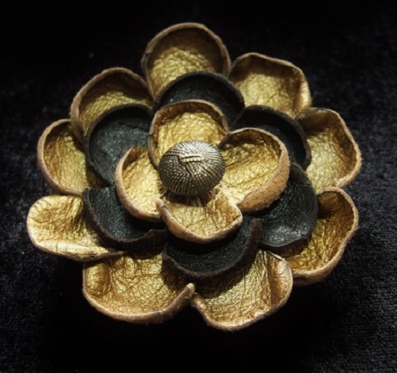 chocolate brown gold leather flower brooch chocolate brown gold leather flower brooch